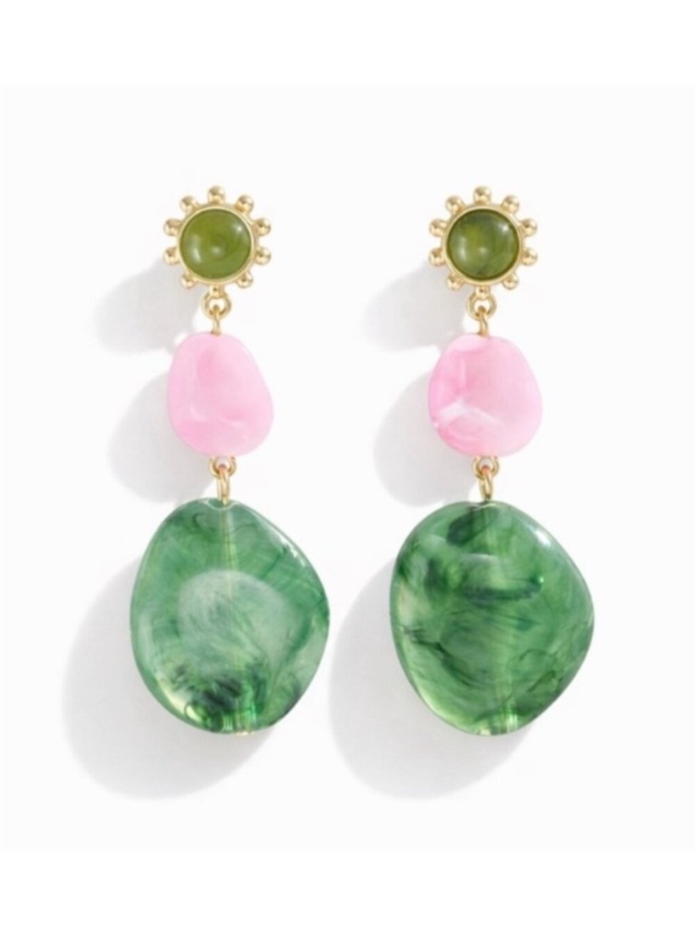 New! Gemstone Green Pink Colorful Drop Earrings (1080) NWOT